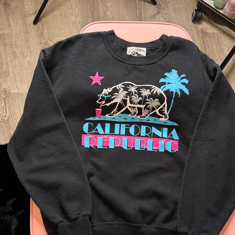 Riot Society Black California Republic Sweatshirt with Pink and Blue Accents